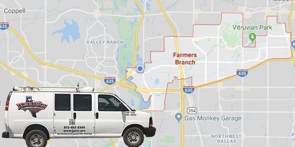 Jennings Plumbing Services van over a Google Maps view of Farmers Branch, TX