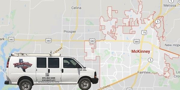 Jennings Plumbing Services van in front of McKinney, TX map